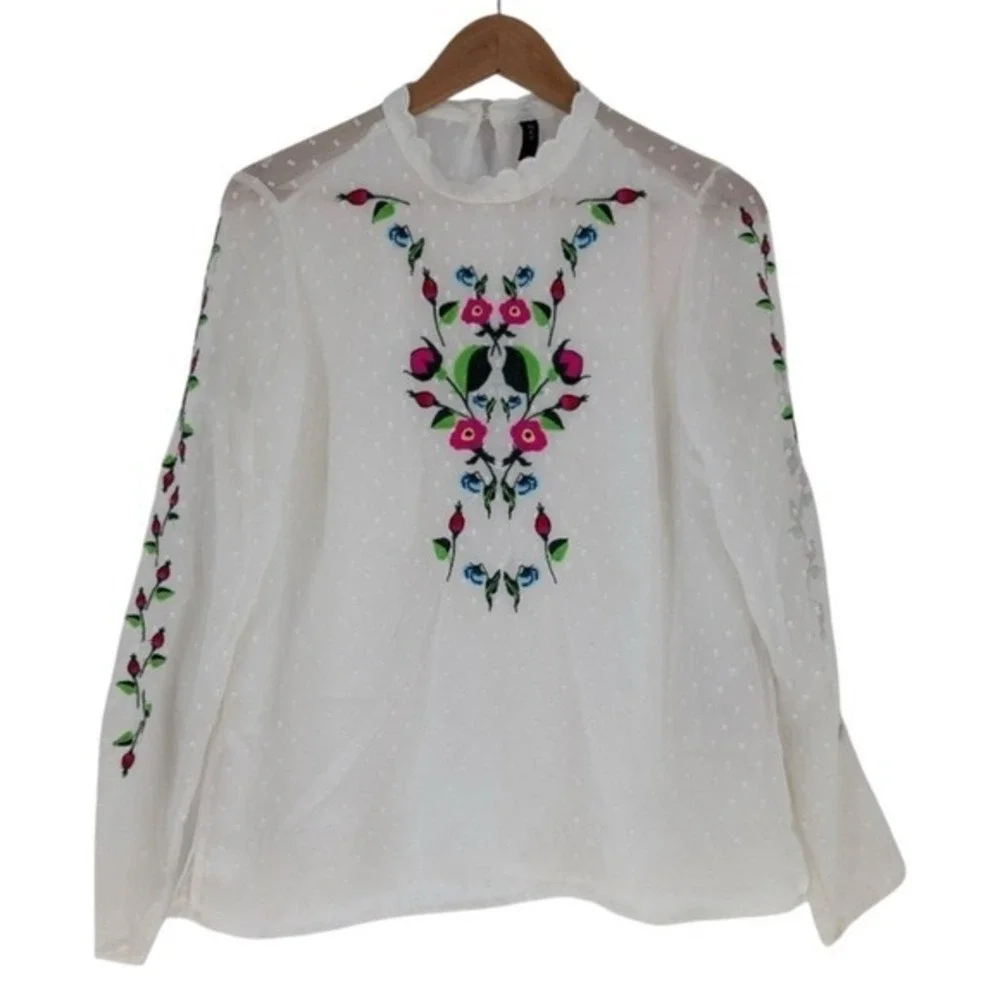 Y.A.S Yasmolia White Swiss‎ Dot Floral Embroidered High Neck Blouse Top Size M